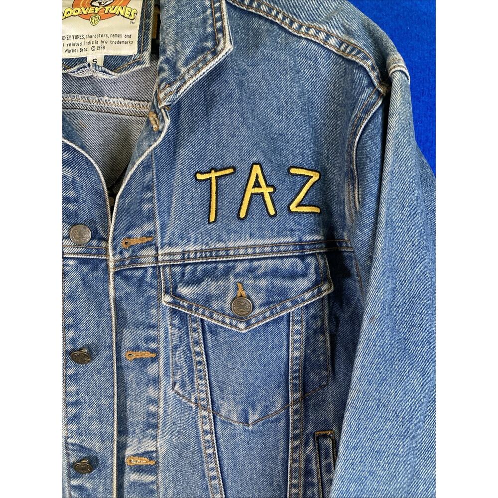 Vintage 90s Warner Bros Taz Looney Tunes Embroidered Denim Jacket Womens Small - Picture 2 of 16